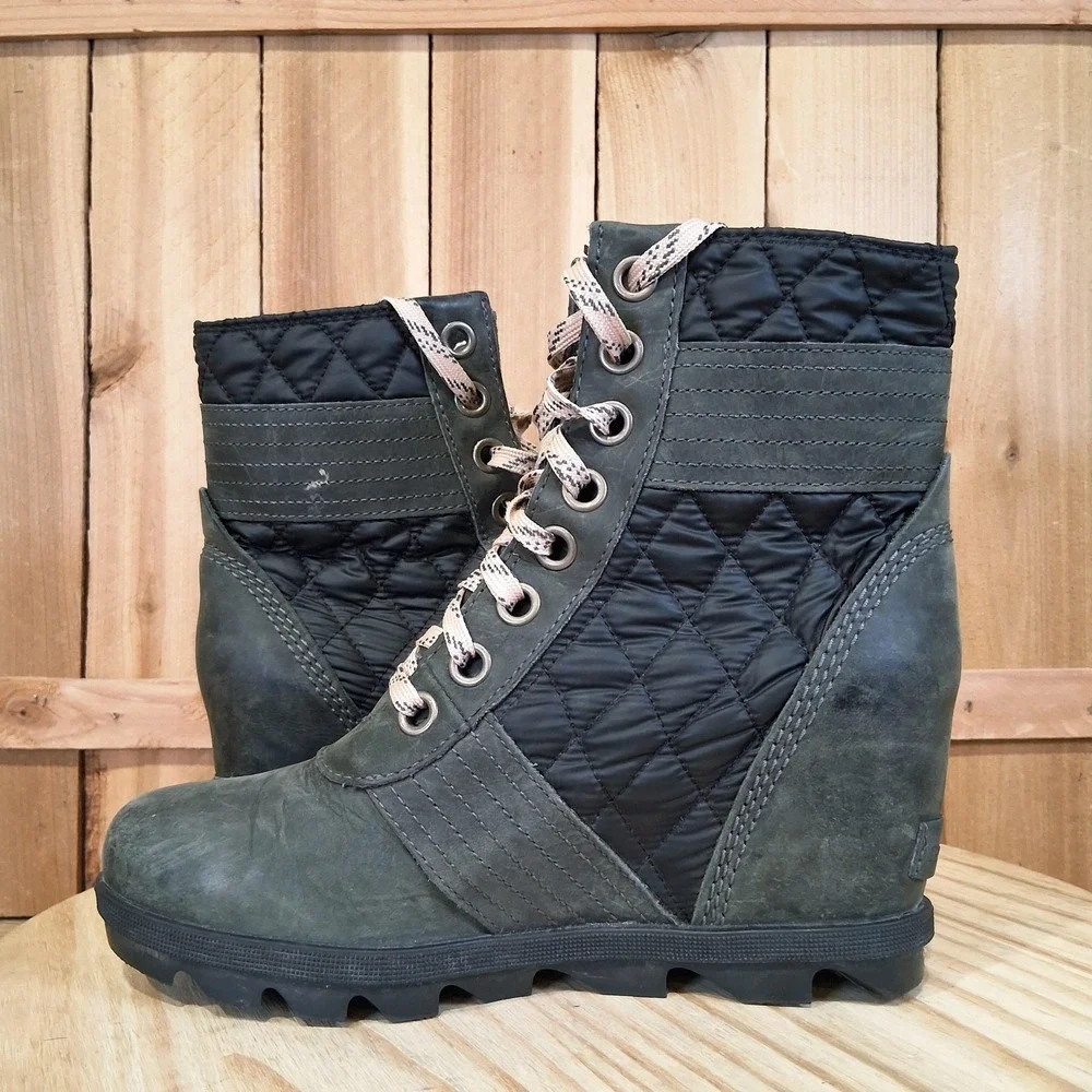 Sorel Lexie Wedge Boots Womens 8 Gray Leather Ankle Lace Up Winter Waterproof‎